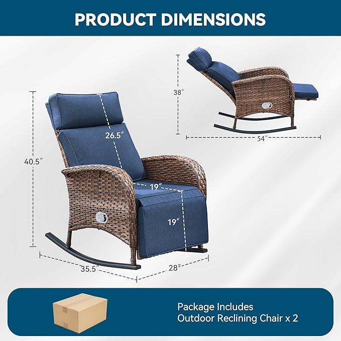 Zero Gravity Patio Rocking Wicker Recliner Chairs Set of 2- Wicker Outdoor Lounge Chair with Adjustable Backrest & Footrest, All Weather Reclining Rocker Chairs with Thick Cushion for Pool Deck Blue - Image 2