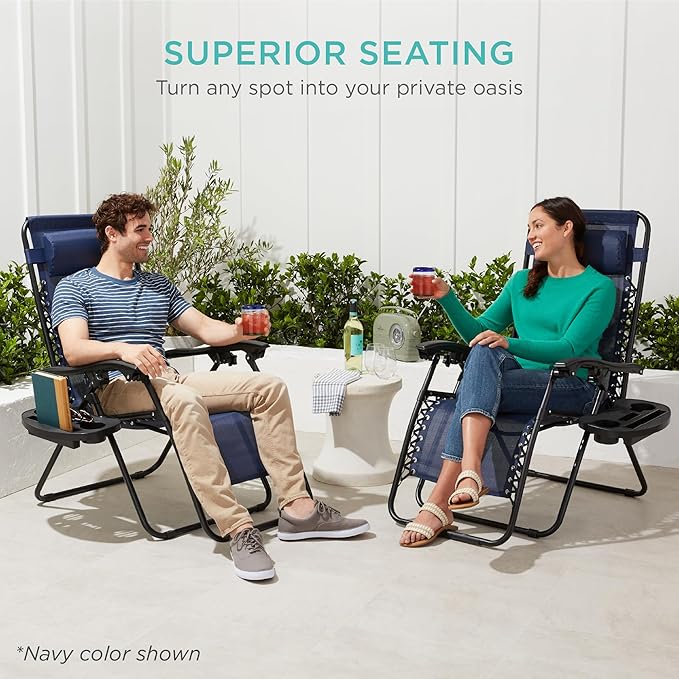 Best Choice Products Set of 2 Adjustable Steel Mesh Zero Gravity Lounge Chair Recliners w/Pillows and Cup Holder Trays - Black Striped - Image 7