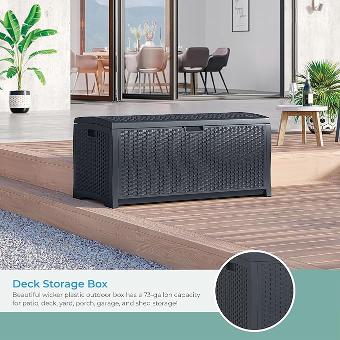 Suncast Outdoor Storage Box - 73 Gallon Cyberspace Resin Wicker Deck Box with Lockable Lid, Outdoor Storage Bin for Patio Cushions, Shoes, Pool & Garden Gear, Made in USA - Image 3