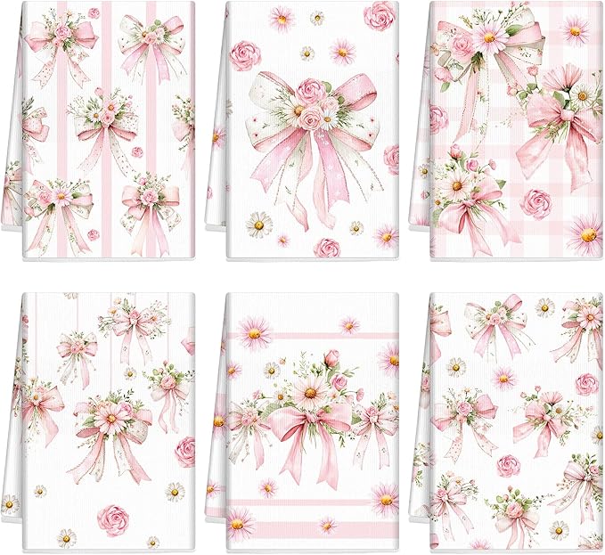 Breling Set of 6 Pink Bow Kitchen Towels Coquette Floral Dish Towel Bathroom by Breling