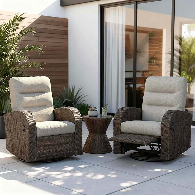 Outdoor Swivel Recliner Chair Set of 2, All-Weather Wicker Reclining Patio Chair with Adjustable Backrest and Footrest by Vakollia
