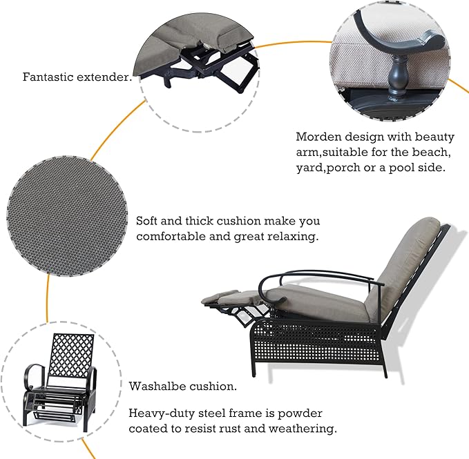 Kozyard Adjustable Outdoor Reclining Lounge Chair, Cushioned Patio Chaise Lounge with Extendable Metal Frame for Sunbathing, Reading & Relaxing – Comfortable Outdoor Recliner(Beige) - Image 5