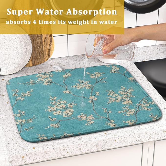 Teal Turquoise Dish Drying Mat for Kitchen Counter Spring Floral Drying Mat 16 - Image 5