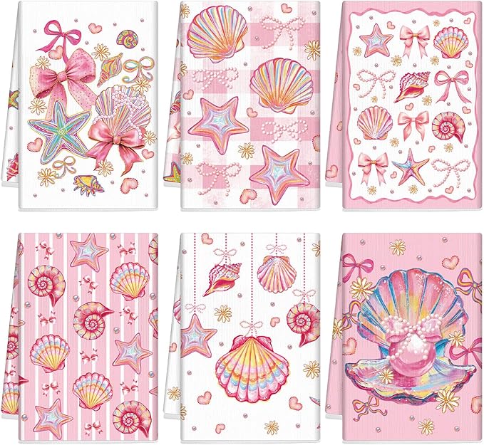 Breling Set of 6 Pink Beach Kitchen Towels Coastal Beach Dish Towel Bathroom by Breling