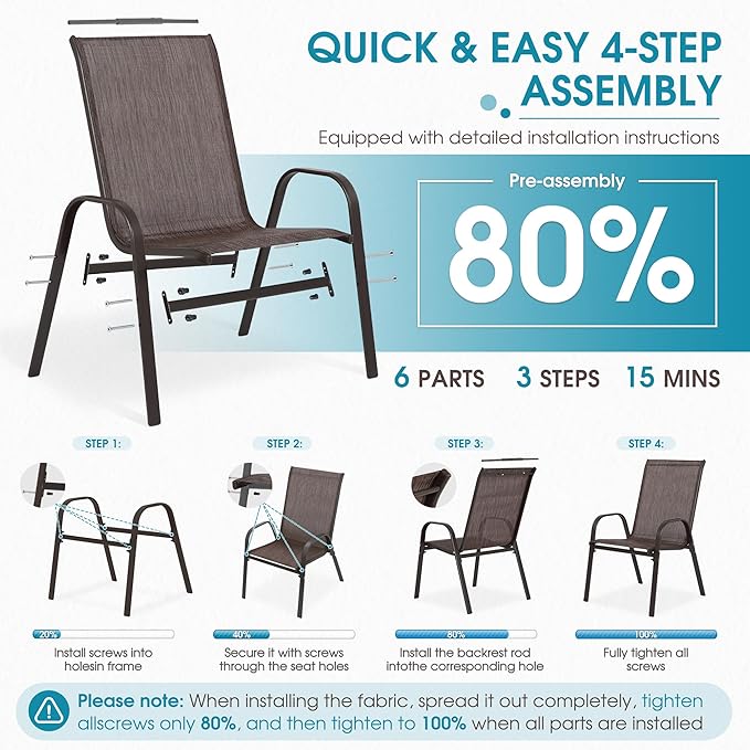 Outdoor Stackable Chairs Set of 4, Stacking Patio Chairs with Textilene Fabric, Outside Furniture for Garden Backyard Balconie Poolside Deck, Brown - Image 6
