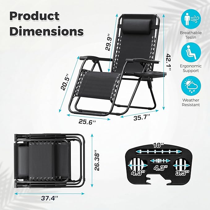 Homall Zero Gravity Chair Patio Folding Lawn Outdoor Lounge Gravity Camp Reclining Lounge Chair with Cup Holder Pillows for Poolside Backyard and Beach Set of 4 (Black) - Image 3