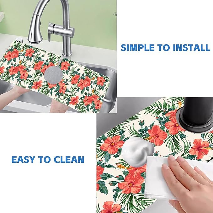 Tropical Leaves and Red Floral Kitchen Sink Splash Guard Mat Absorbent Fast - Image 5