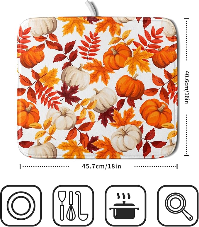 Fall Dish Drying Mat for Kitchen Counter Watercolor Pumpkins Autumn Leaves - Image 2