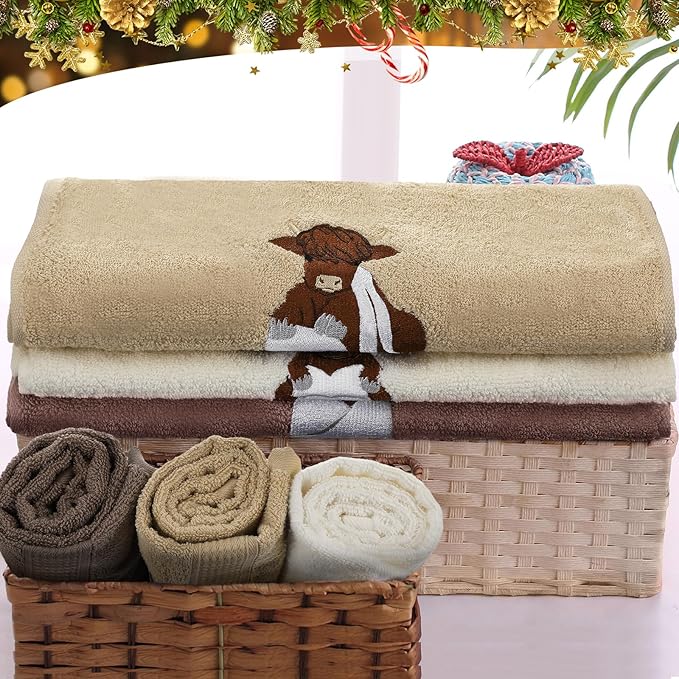 3 Pcs Highland Cow Hand Towels Embroidered Cow Farmhouse Decorative Bath Towels - Image 5