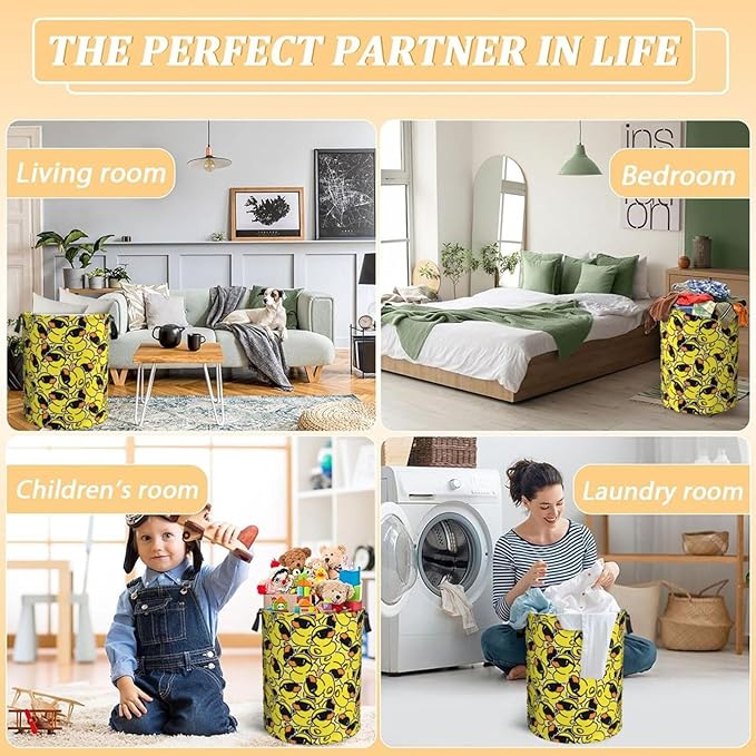 Cute Rubber Ducks With Funny Sunglasses Laundry Hamper Bag With Waterproof Liner - Image 7