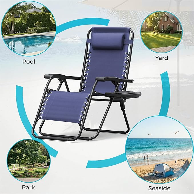 Homall Zero Gravity Chair Patio Folding Lawn Outdoor Lounge Gravity Camp Reclining Lounge Chair with Cup Holder Pillows for Poolside Backyard and Beach Set of 4 (Blue) - Image 7