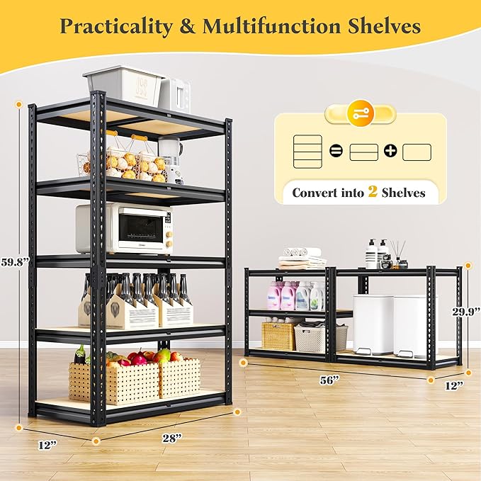 REIBII Storage Shelves 2020LBS Garage Shelving Heavy Duty Metal Shelving 5 Tier Metal Shelf for Garage Pantry Closet Kitchen Basement 28" W x 12" D x 59.8" H, 4 Pack - Image 3