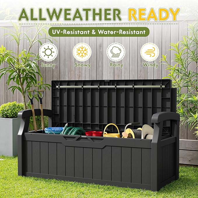 Greesum 80 Gallon Storage Bench Outdoor Deck Box with Armrest, Patio Furniture,Lockable, Waterproof and UV Resistant, Suitable for Garden, Pool, Black - Image 6