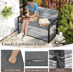 RELAX4LIFE Wicker Outdoor Bench with Storage - Rattan Deck Box w/Protective Liner for Pillows, Pool Supplies, Garden Tools, Patio Loveseat with Seat Cushion & Metal Armrests for Backyard Porch Balcony - Image 5