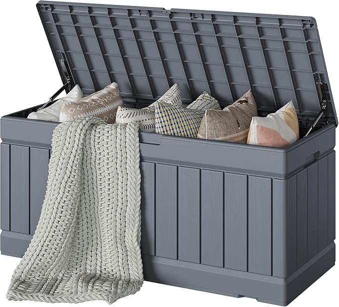 Devoko 78 Gallon Deck Box, Waterproof Resin Outdoor Storage Box for Outside and Patio, Outdoor Storage Bench Lockable for Patio Furniture, Garden Tools and Pool Supplies (Grey, 78 Gallon) by DEVOKO