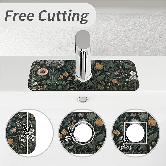Kitchen Sink Splash Guard，Dark-green black flowers Faucet Mat Sink - Image 5