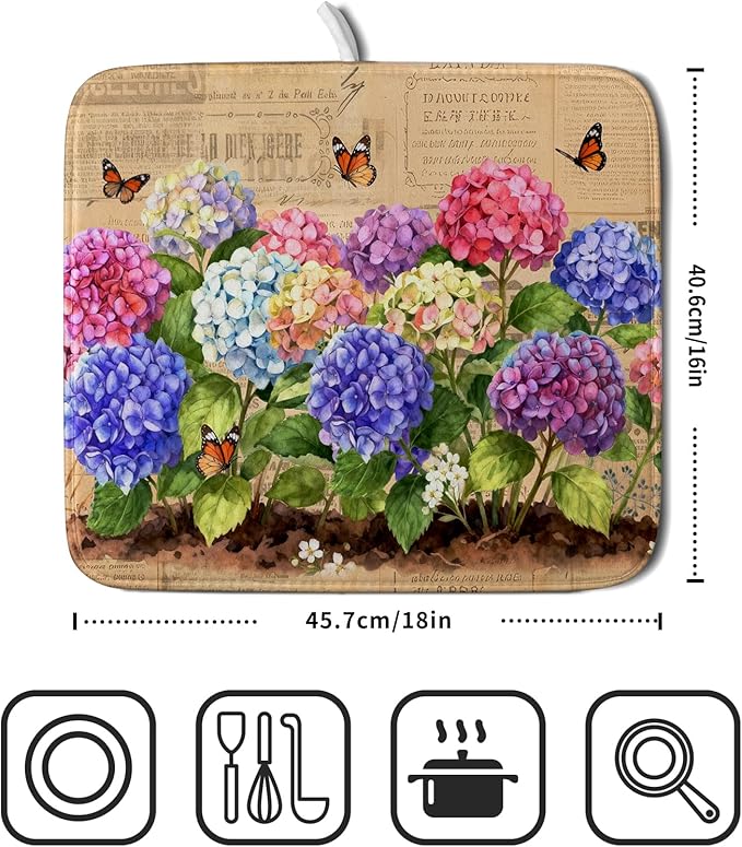 Vintage Hydrangea Dish Drying Mat Watercolor Floral Microfiber Absorbent Dish - Image 2