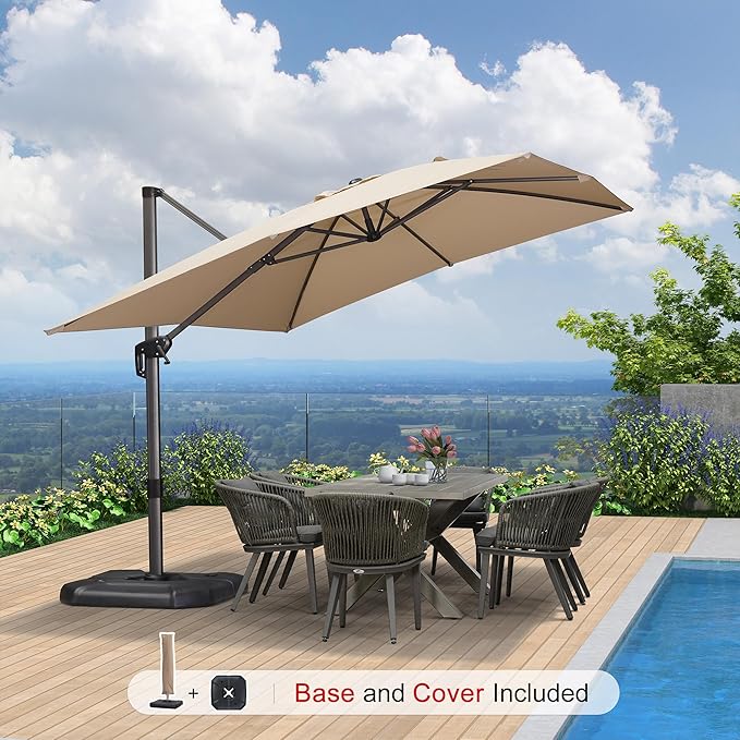 PURPLE LEAF 9'×11.5' Cantilever Patio Umbrella with Base Rectangle Offset Outdoor Umbrella Cover with Zipper for Garden Deck Pool Beige - Image 3