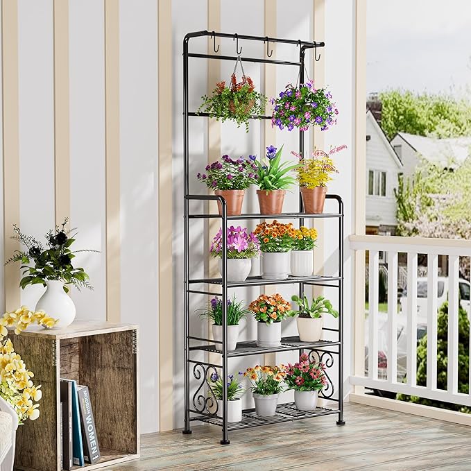 Plant Stand Indoor Outdoor Heavy Duty Metal - 68.4" Tall 4-Tier Shelf for Multiple Plants, Flowers, Rustproof Black Storage Rack for Patio, Balcony, Living Room, Garden, Includes Hooks&Adjustable Feet - Image 2