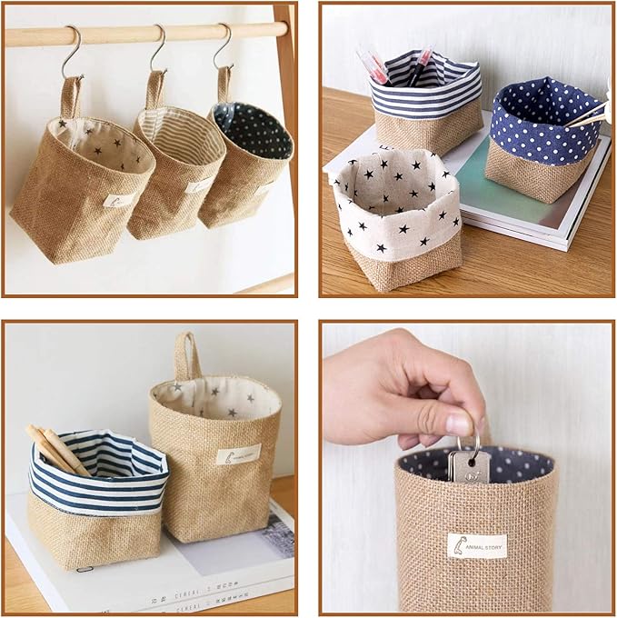 Foraineam 6 Pack Mini Hanging Storage Bag Cotton Linen Decorative Wall-Hanging - Image 2