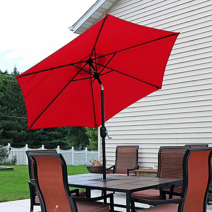 Sunnydaze Outdoor Patio Umbrella - Polyester Table Market Umbrella with Push-Button Tilt and Crank - 6 Sturdy Ribs - Red - 7.5ft - Image 7