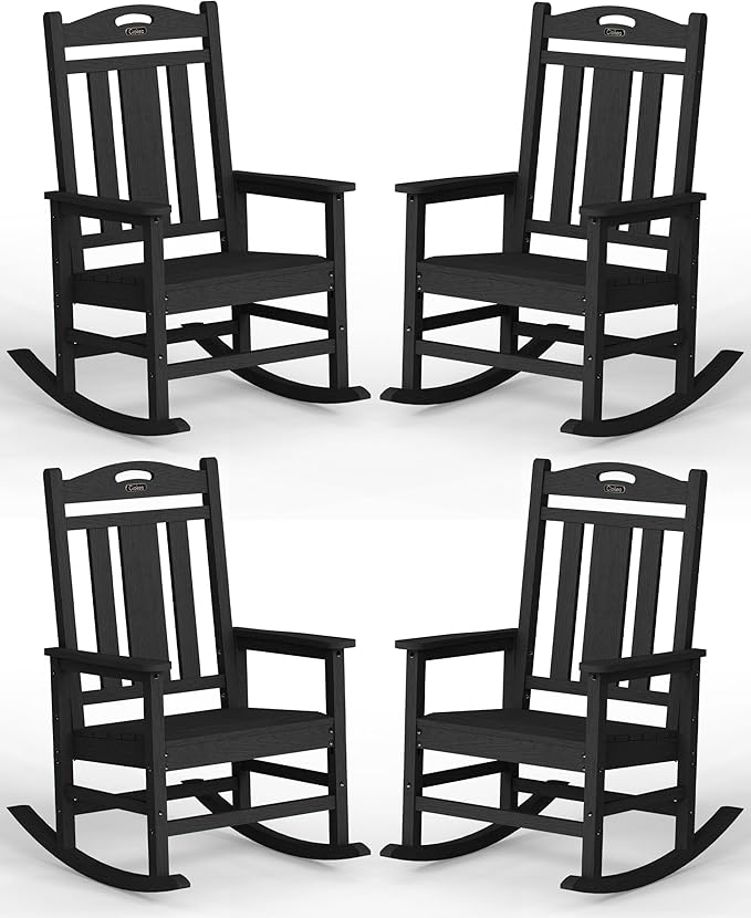 Ciokea Oversized Outdoor Rocking Chairs Set of 4, 380lbs Heavy-Duty Large Patio Rocker, High Back Cozy Porch Chairs, Weather Resistant Patio Rocking Chairs for Outside, Fire Pit, Deck, Black by CIOKEA