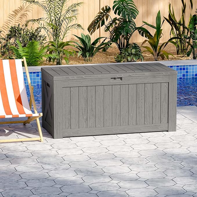 Patiowell 120 Gallon Large Deck Box, Outdoor Lockable Storage Box for Gardening Tools, Waterproof Deck Box for Patio Furniture, Light Brown - Image 9