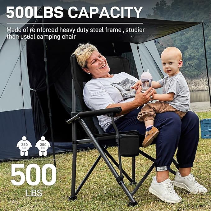 EVER ADVANCED Oversized Folding Camping Chair for Adults, Heavy Duty Lawn Chair with Side Pockets, Portable Collapsible Quad Chair for Outside, Support Up to 500lbs, Black 2PACK - Image 2