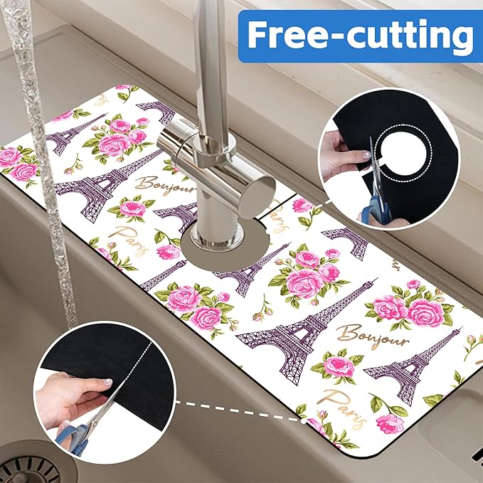 Romantic Eiffel Tower Roses Kitchen Sink Splash Guard Mat Absorbent Fast Drying - Image 7