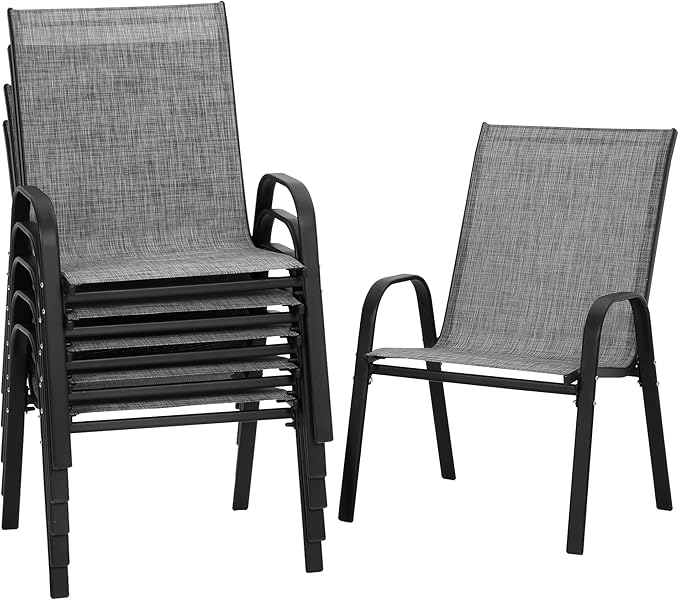 PIZZELLO Patio Chairs Set of 6 - Outdoor Stackable Dining Chairs for All Weather - Lightweight Textilene Outdoor Chair Sets with Armrests - 330Lbs Capacity - for Backyard Garden Porch Poolside (Grey) by PIZZELLO