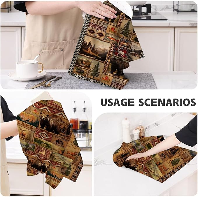 Vintage Rustic Kitchen Towel Set of 4, Lodge Bear Mountain Dish Towels - Image 7