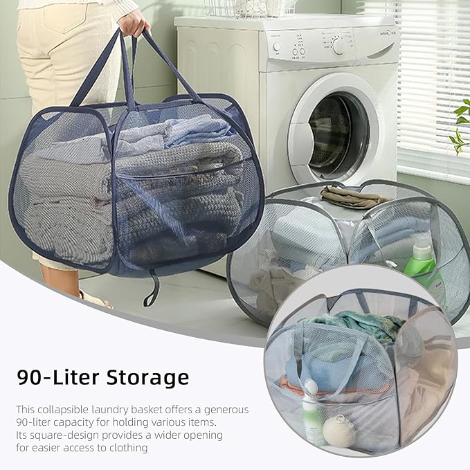 Collapsible Laundry Basket 90L, Foldable Mesh Pop-up Laundry Hamper - Image 5