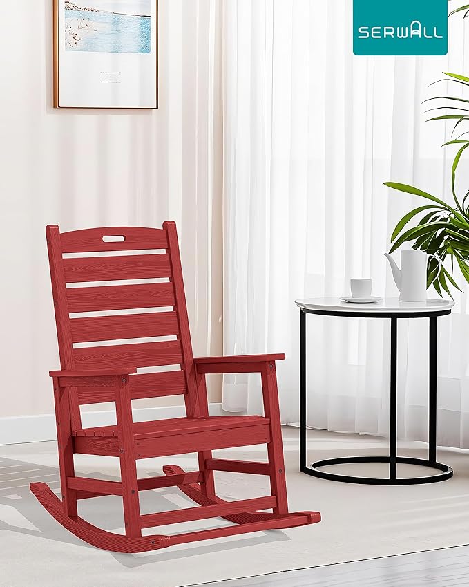 SERWALL Outdoor Rocking Chair, Oversized Rocking Chair with Footrest for Adults, HDPE All Weather Resistant Rocking Chairs for Patio, 350lbs Weight Capacity, Red - Image 2