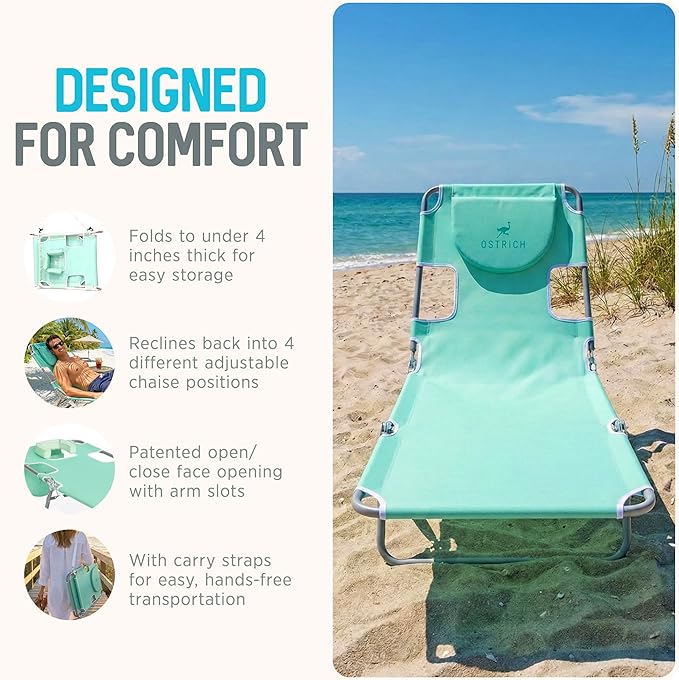 Ostrich 4-Position Outdoor Chaise Lounge w/Face Cushion & Arm Holes, Teal - Lightweight Folding Lounger w/Adjustable Reclining Backrest, Portable w/Carry Strap, 250 lb Weight Capacity - Image 5