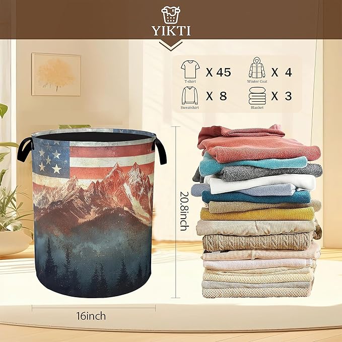 Vintage American Flag Laundry Hamper, Forest Mountain Clothes Hamper - Image 2