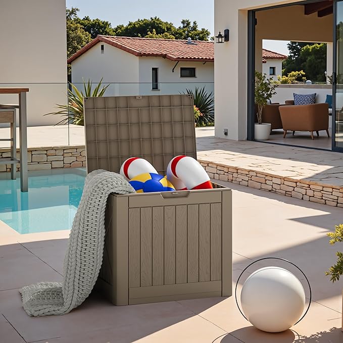 JUMMICO 42 Gallon Deck Box Waterproof, Resin Outdoor Storage Box with Side Handles, Outdoor Storage Benches Lockable for Patio Cushions and Garden Tools (Light Brown) - Image 7