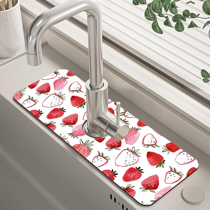 Watercolor Strawberry Kitchen Sink Splash Guard Mat Absorbent Fast Drying Mat by Unknown