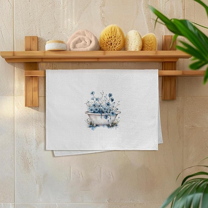 Blue Floral Hand Towels for Bathroom Set of 2, Flower Botanical Dish Tea - Image 6