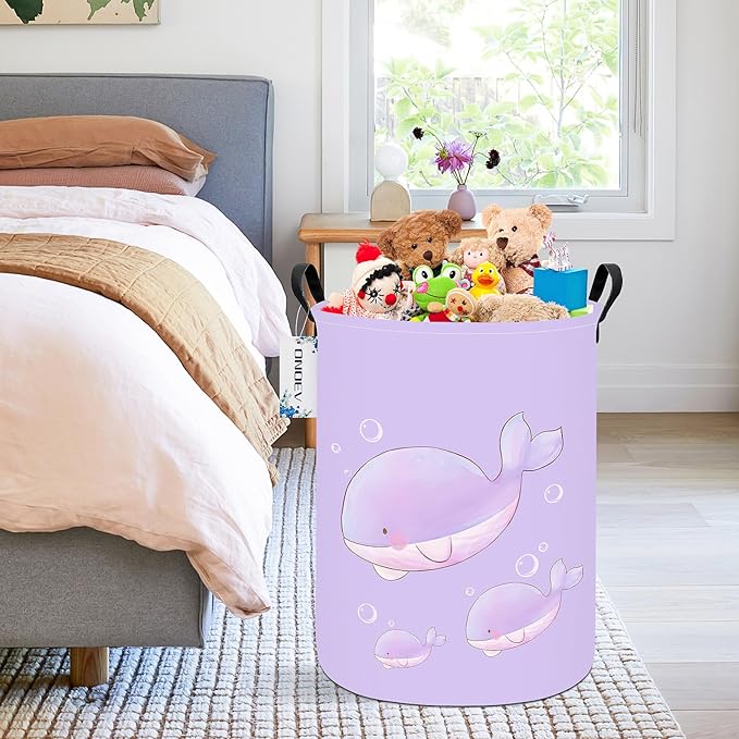 Round Foldable Girls' Storage Basket Kids Laundry Hamper Purple Gift Basket - Image 7