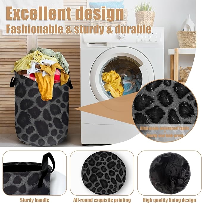 Grey Black Leopard Print Laundry Basket, Foldable Animal Leopard Laundry Hamper - Image 4