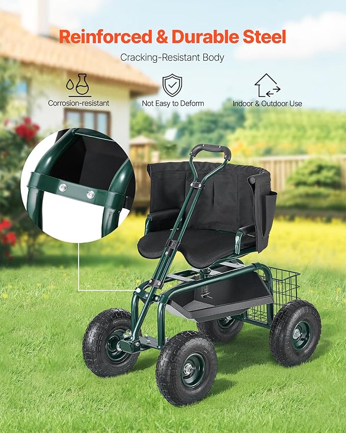 VEVOR Garden Seat with Wheels, Rolling Garden Stool with Height Adjustable & 360° Swivel Seat, 400lbs Weight Capacity, Gardening Cart Bench, Ergonomic Backrest & Tool Storage, for Yard, Patio - Image 6