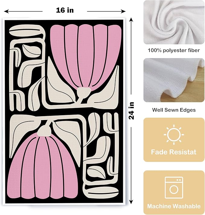 Abstract Boho Pink and Beige Floral Kitchen Towels Set of 2, Retro 70s Groovy - Image 5