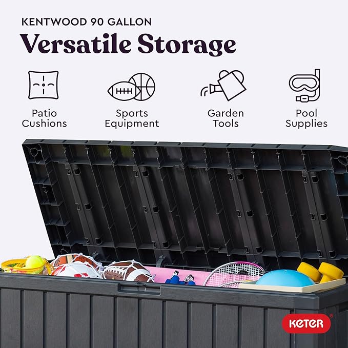 Keter Kentwood 92 Gallon Resin Deck Box-Organization and Storage for Patio Furniture Outdoor Cushions, Throw Pillows, Garden Tools and Pool Floats, Dark Grey - Image 4