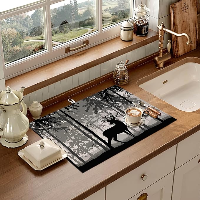 Forest Deer Dish Drying Mat for Kitchen Counter Microfiber Absorbent Dish Birch - Image 6