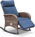 Zero Gravity Patio Rocking Wicker Recliner Chair - Wicker Outdoor Lounge Chair with Adjustable Backrest & Footrest, All Weather Reclining Rocker Chairs with Thick Cushion for Pool Deck Blue - Image 7