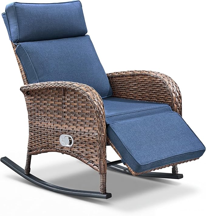 Zero Gravity Patio Rocking Wicker Recliner Chair - Wicker Outdoor Lounge Chair with Adjustable Backrest & Footrest, All Weather Reclining Rocker Chairs with Thick Cushion for Pool Deck Blue - Image 7