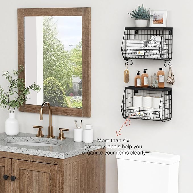 Black Kitchen Wall Hanging Storage Basket Set of 2, Rustic Stackable Kitchen - Image 4