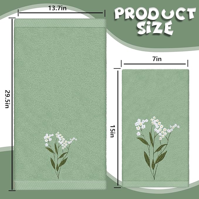 3Pcs Sage Green Hand Towels 29.5 x 13.7 Inch Gradient Green Floral Embroidered - Image 2