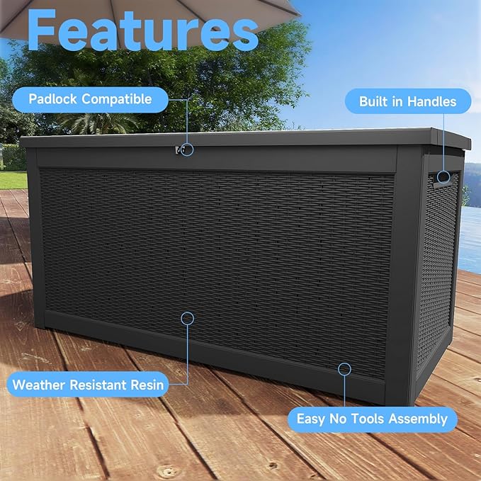 310 Gallon Lockable Outdoor Storage Box – Waterproof Resin Deck Box for Patio Furniture, Garden Tools, Pool Accessories (Black) - Image 5