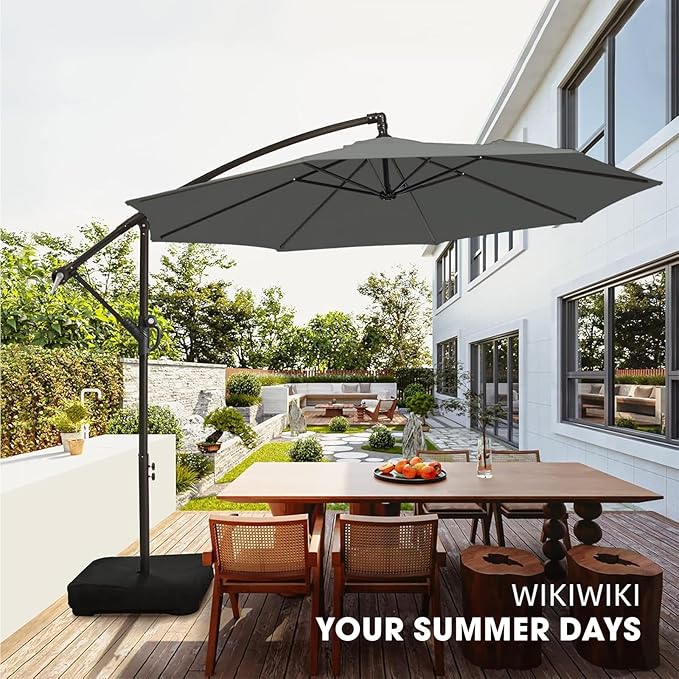 wikiwiki 10ft Patio Umbrella with Base Included, Outdoor Offset Cantilever Umbrella with Sandbag Base for Backyard, Garden and Pool, Easy to Tilt and Crank, Dark Gray - Image 8